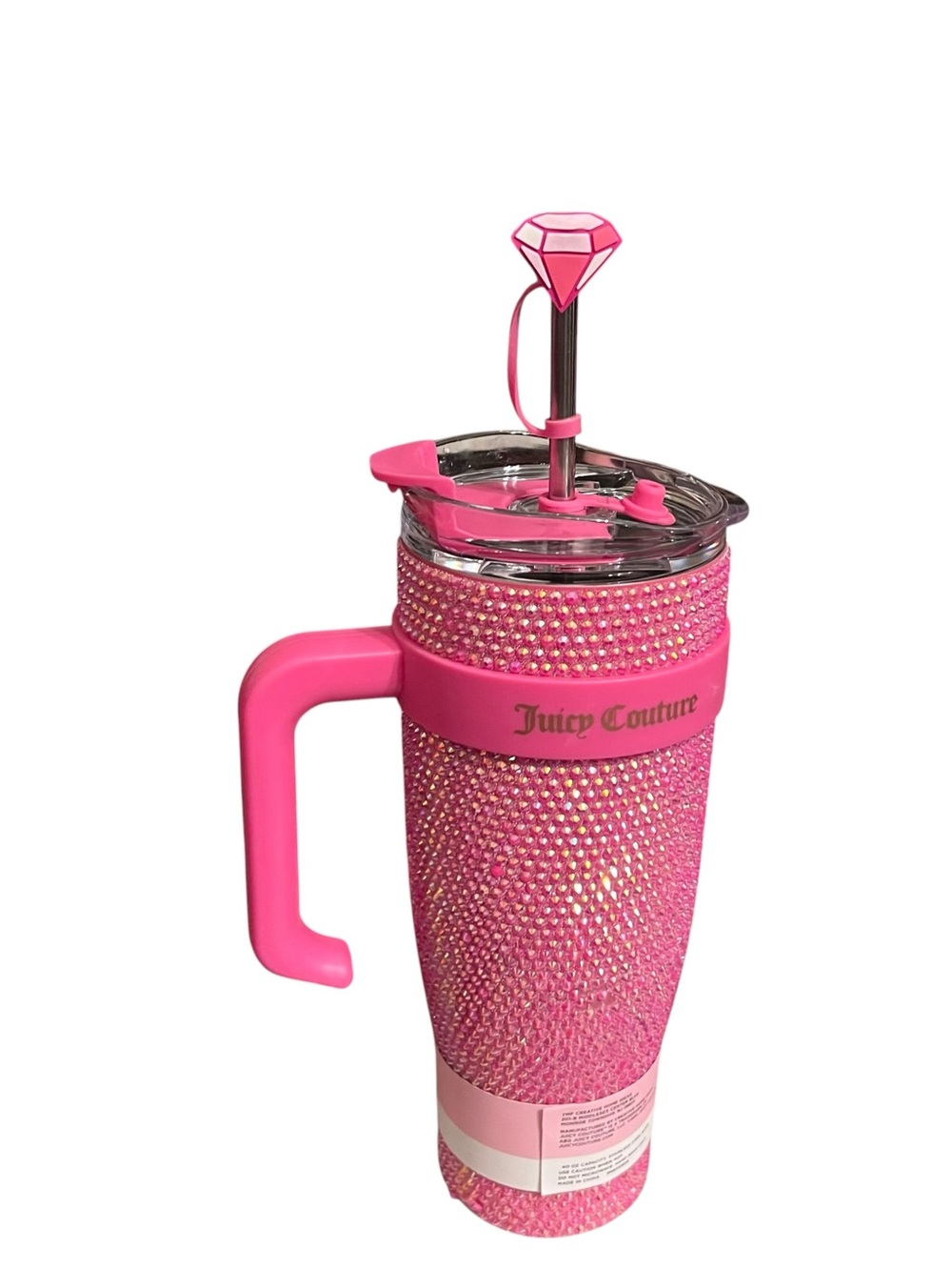 Juicy Couture Hot Pink Rhinestone Travel Tumbler with Handle and Diamond Straw